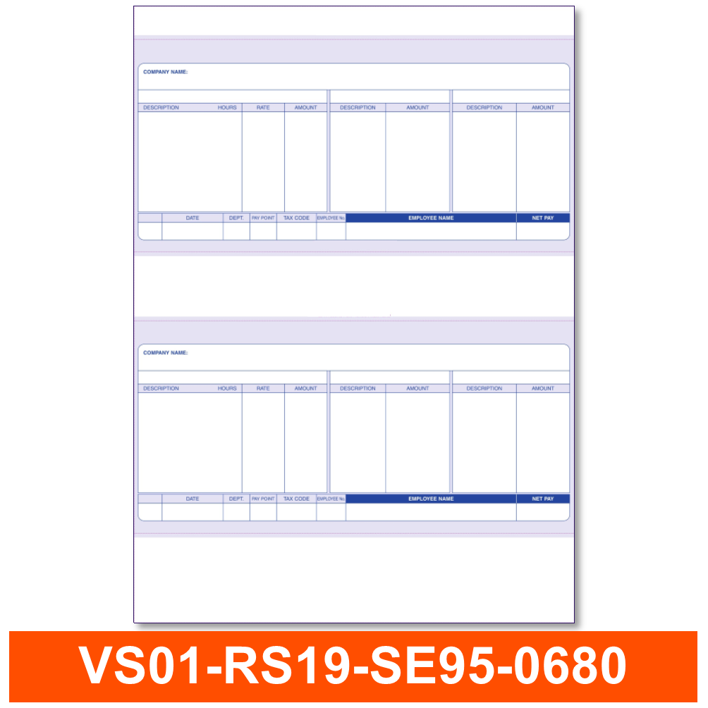 2000 x RS19 - VS01 The Original Sage COMPATIBLE Laser A4 2-Per-Sheet Standard Payslips all prices include FREE delivery to UK Mainland use with VS05 envelopes ***Order Code RS19