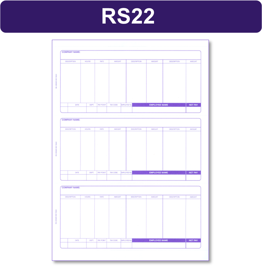 3000 x RS22 Unique Sage COMPATIBLE Laser A4 3-per-sheet Standard Payslips all prices include FREE delivery to UK Mainland use with VS05 envelopes ***Order Code RS22