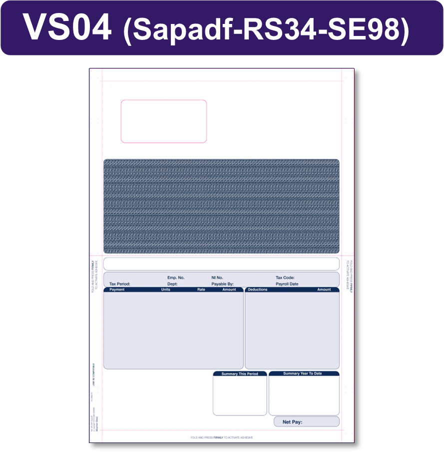 1000 x RS34 SE98 SAPADF Sage COMPATIBLE Hand Pressure (no tape) Self-Seal Payslip Mailers all prices include FREE delivery to UK Mainland  ***Order Code VS04