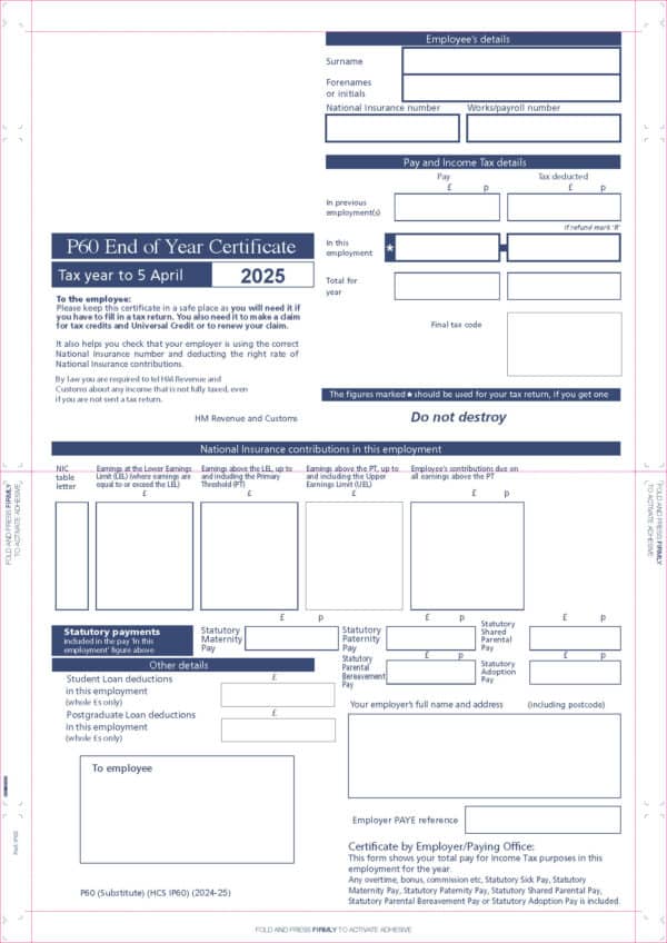 2025 P60 Year End Form - IP60 - IRIS SELF SEAL SECURITY P60 (SINGLE PART) 50 per pack