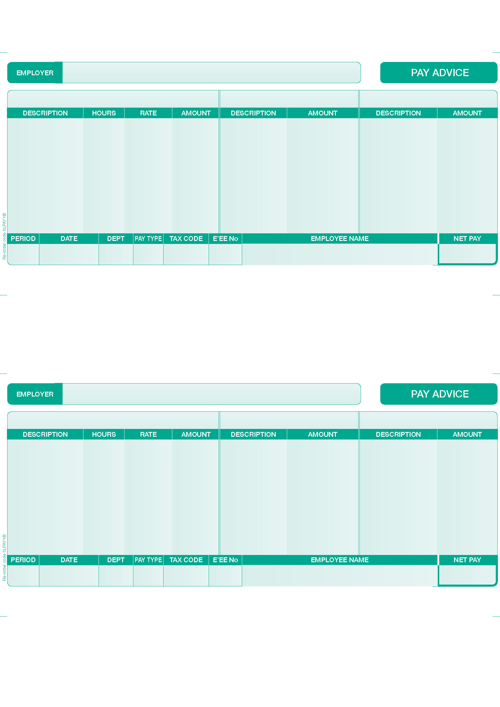 SAGE COMPATIBLE PAYSLIP – (SLPAY1G) 2 PAYSLIPS PER PAGE (GREEN) – 1000 off